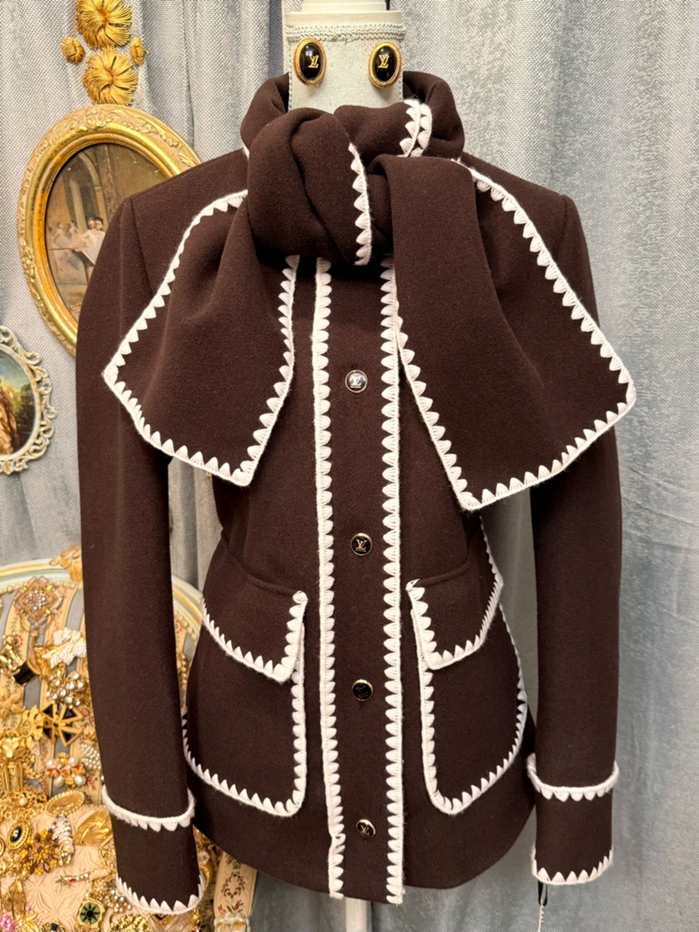 Women's Brown Wool Like Jacket with Contrast Trim and clip earrings